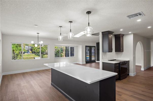 Interior, Kitchen, Pendant Lights, Recessed Lighting, Wood Texture Flooring