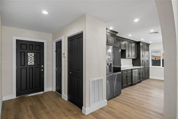Interior, Kitchen, Recessed Lighting, Stainless Steel Appliances, Wood Texture Flooring