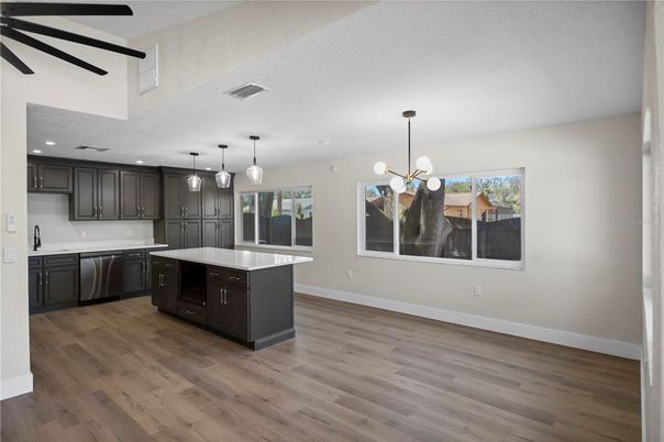 Interior, Kitchen, Pendant Lights, Recessed Lighting, Wood Texture Flooring