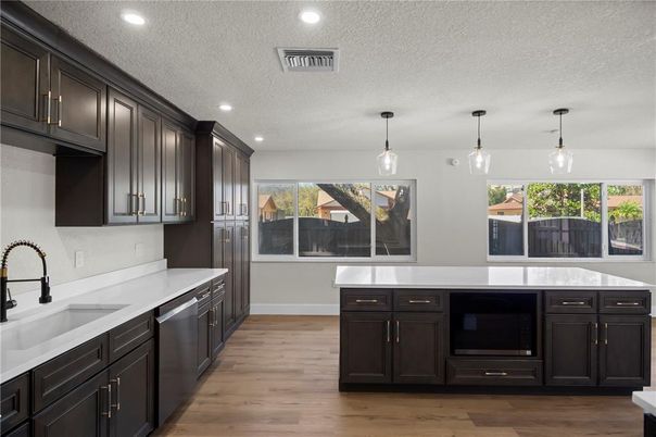 Interior, Kitchen, Pendant Lights, Recessed Lighting, Wood Texture Flooring