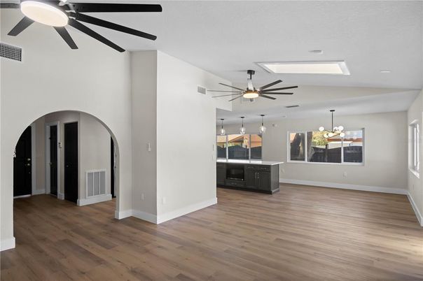 Empty room, Interior, Kitchen, Pendant Lights, Wood Texture Flooring