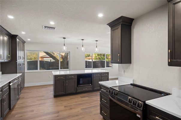 Interior, Kitchen, Pendant Lights, Recessed Lighting, Wood Texture Flooring