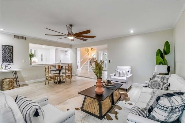 Dining room, Interior, Living room, Recessed Lighting, Wood Texture Flooring