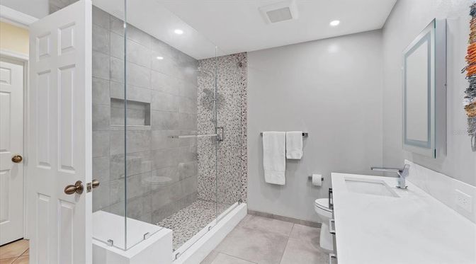 Bathroom, Glass Shower, Interior, Recessed Lighting