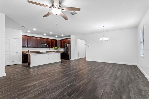Chandelier, Interior, Kitchen, Recessed Lighting, Wood Texture Flooring