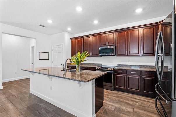 Interior, Kitchen, Recessed Lighting, Stainless Steel Appliances, Wood Texture Flooring