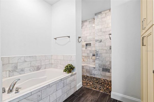 Bathroom, Glass Shower, Interior, Marble Walls, Wood Texture Flooring