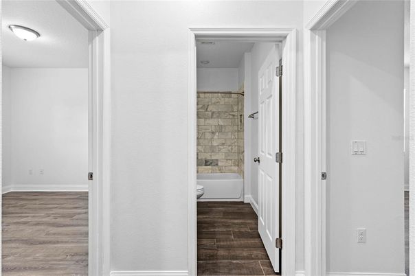 Bathroom, Interior, Stone Walls, Wood Texture Flooring