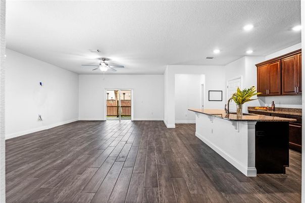 Empty room, Interior, Kitchen, Recessed Lighting, Wood Texture Flooring