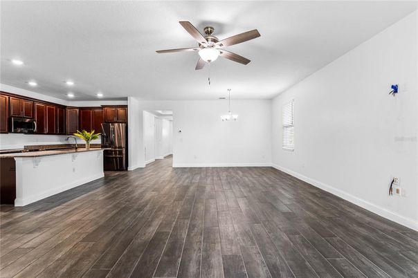 Chandelier, Empty room, Interior, Kitchen, Recessed Lighting, Wood Texture Flooring