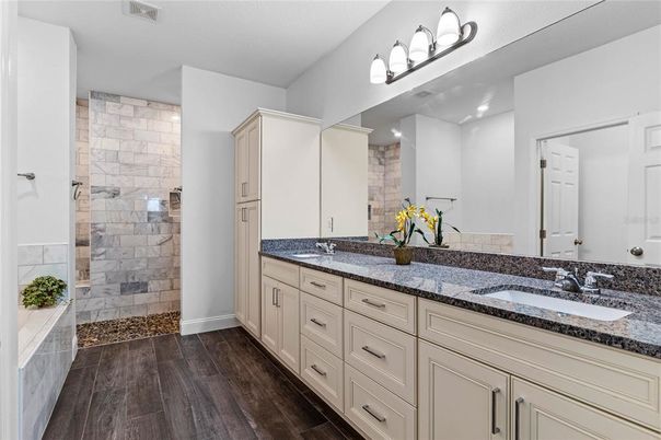 Bathroom, Dual Sink Vanities, Glass Shower, Interior, Wood Texture Flooring