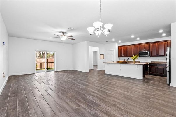 Chandelier, Interior, Kitchen, Recessed Lighting, Wood Texture Flooring