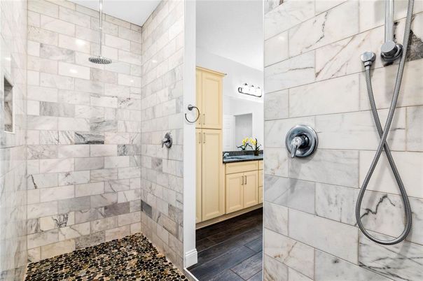 Bathroom, Glass Shower, Interior, Marble Walls, Wood Texture Flooring