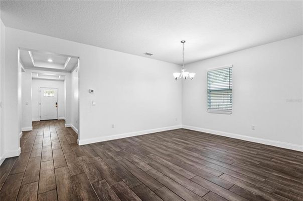 Chandelier, Empty room, Interior, Recessed Lighting, Wood Texture Flooring