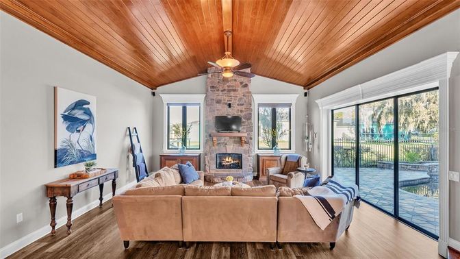 Fireplace, Interior, Living room, Stone Walls, Wooden Ceilings, Wood Texture Flooring