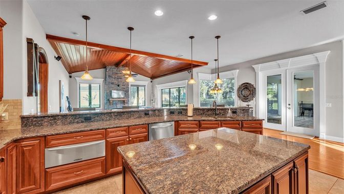 Interior, Kitchen, Pendant Lights, Recessed Lighting, Wooden Ceilings, Wood Texture Flooring