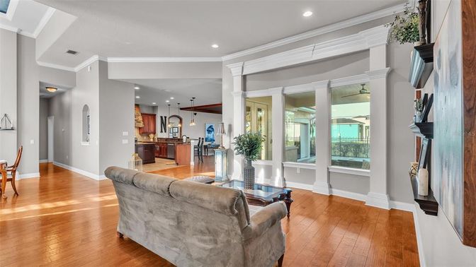 Interior, Kitchen, Living room, Pendant Lights, Recessed Lighting, Wood Texture Flooring