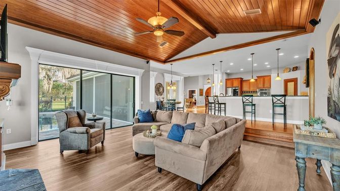 Dining room, Interior, Kitchen, Living room, Pendant Lights, Recessed Lighting, Wooden Beams, Wooden Ceilings, Wood Texture Flooring