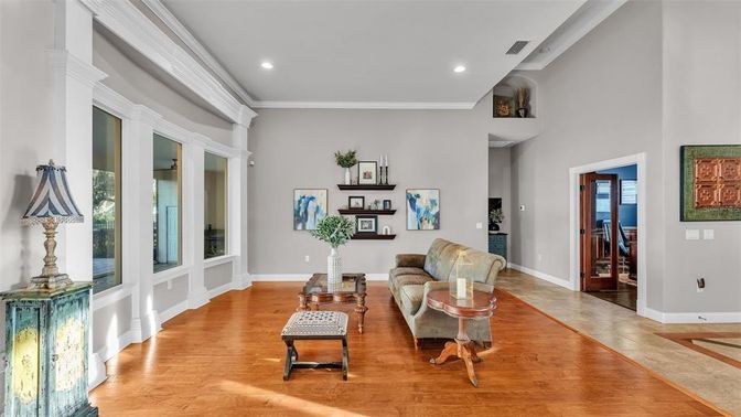 Interior, Living room, Recessed Lighting, Wood Texture Flooring
