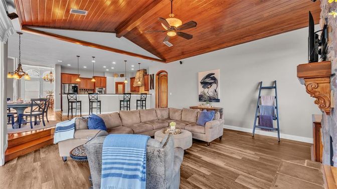 Dining room, Interior, Kitchen, Living room, Pendant Lights, Recessed Lighting, Wooden Beams, Wooden Ceilings, Wood Texture Flooring