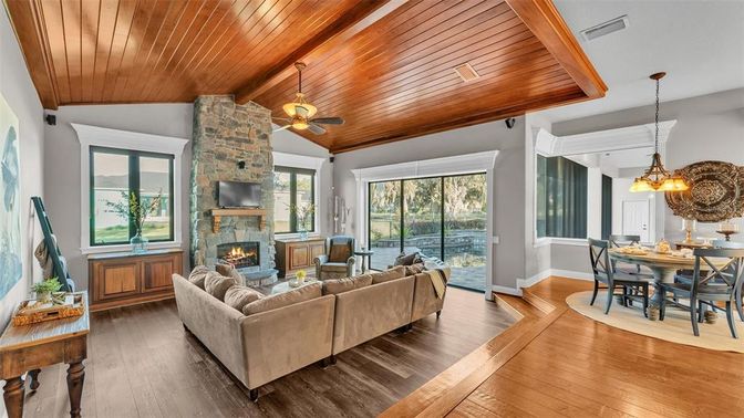 Dining room, Fireplace, Interior, Living room, Pendant Lights, Stone Walls, Wooden Beams, Wooden Ceilings, Wood Texture Flooring
