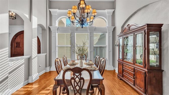 Chandelier, Dining room, Interior, Wood Texture Flooring