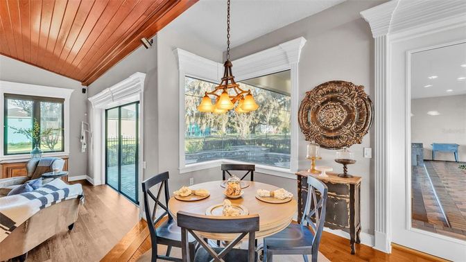Dining room, Interior, Pendant Lights, Recessed Lighting, Wooden Ceilings, Wood Texture Flooring