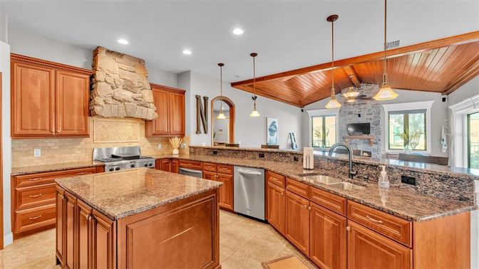 Interior, Kitchen, Pendant Lights, Recessed Lighting, Stainless Steel Appliances, Stone Walls, Wooden Ceilings
