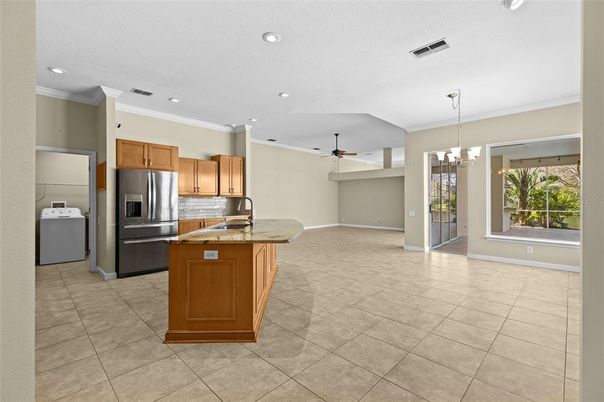 Chandelier, Interior, Kitchen, Recessed Lighting, Stainless Steel Appliances