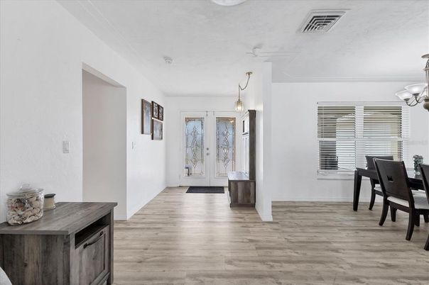 Dining room, Interior, Pendant Lights, Wood Texture Flooring