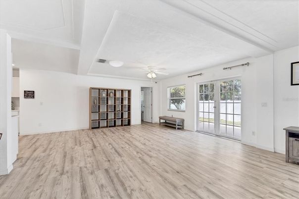Empty room, Interior, Recessed Lighting, Wood Texture Flooring