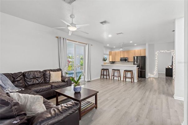 Interior, Kitchen, Living room, Recessed Lighting, Stainless Steel Appliances, Wood Texture Flooring