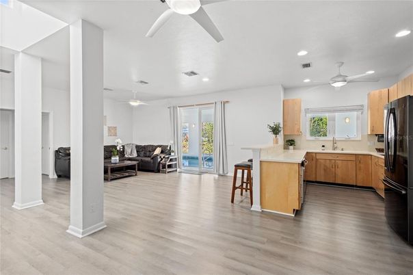 Interior, Kitchen, Living room, Recessed Lighting, Wood Texture Flooring