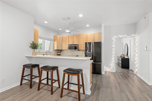 Interior, Kitchen, Recessed Lighting, Wood Texture Flooring