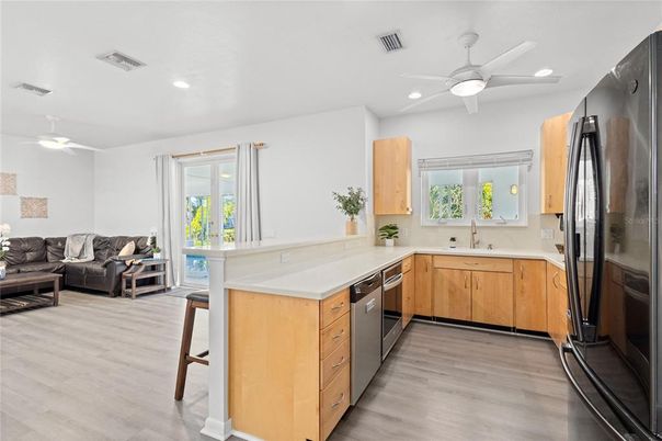 Interior, Kitchen, Living room, Recessed Lighting, Wood Texture Flooring