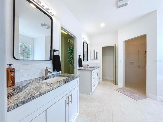 Bathroom, Dual Sink Vanities, Glass Shower, Interior, Recessed Lighting