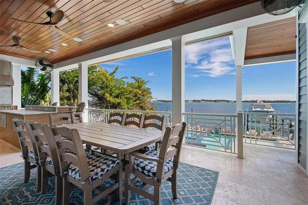 Dining room, Exterior, Recessed Lighting, Water, Wooden Ceilings