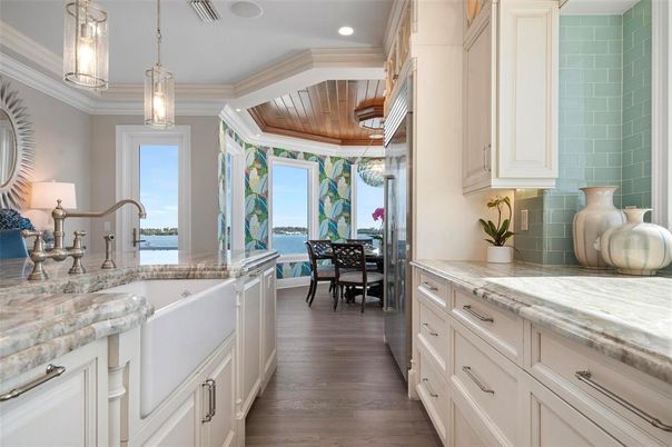 Dining room, Interior, Pendant Lights, Recessed Lighting, Water, Wooden Ceilings, Wood Texture Flooring