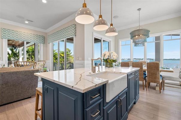 Dining room, Interior, Kitchen, Pendant Lights, Recessed Lighting, Water, Wood Texture Flooring
