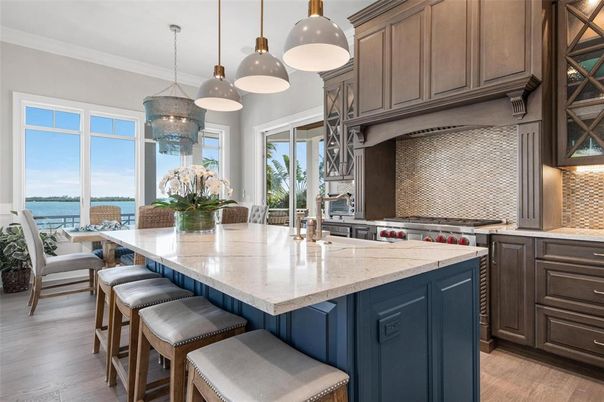 Interior, Kitchen, Pendant Lights, Water, Wood Texture Flooring