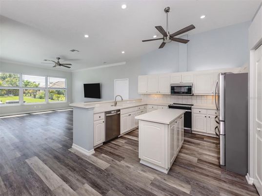 Interior, Kitchen, Recessed Lighting, Stainless Steel Appliances, Wood Texture Flooring