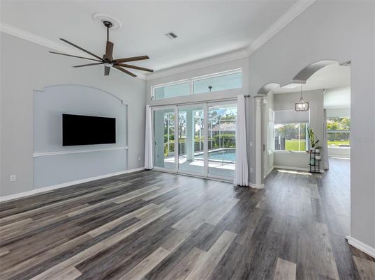 Empty room, Interior, Pendant Lights, Wood Texture Flooring
