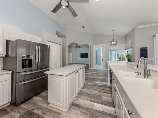 Interior, Kitchen, Pendant Lights, Stainless Steel Appliances, Wood Texture Flooring