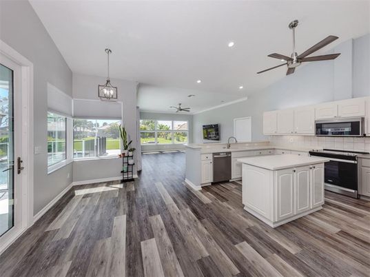 Interior, Kitchen, Pendant Lights, Recessed Lighting, Wood Texture Flooring