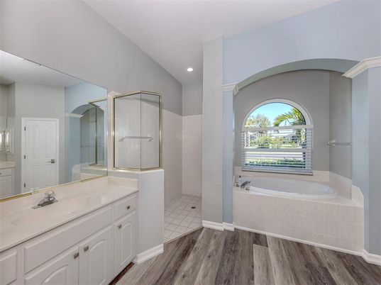 Bathroom, Glass Shower, Interior, Recessed Lighting, Wood Texture Flooring