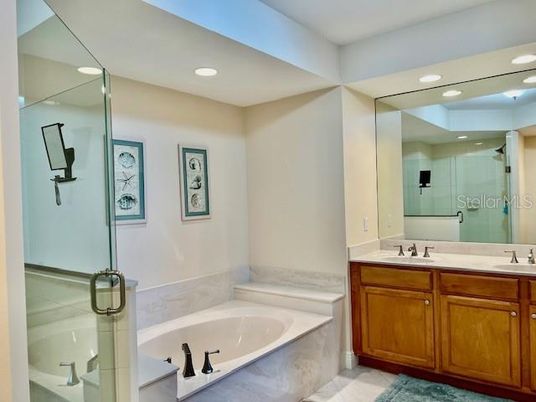 Bathroom, Dual Sink Vanities, Glass Shower, Interior, Recessed Lighting