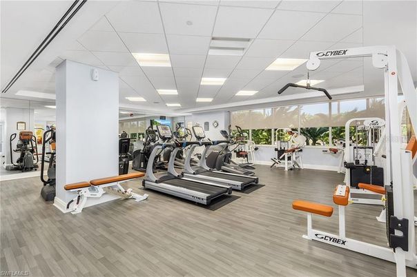 Fitness Equipment, Gym, Interior, Recessed Lighting, Wood Texture Flooring