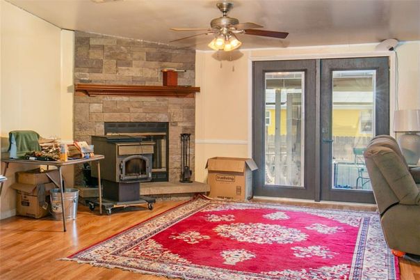 Fireplace, Home Office, Interior, Stone Walls, Wood Texture Flooring
