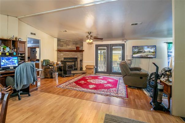 Fireplace, Home Office, Interior, Stone Walls, Wood Texture Flooring
