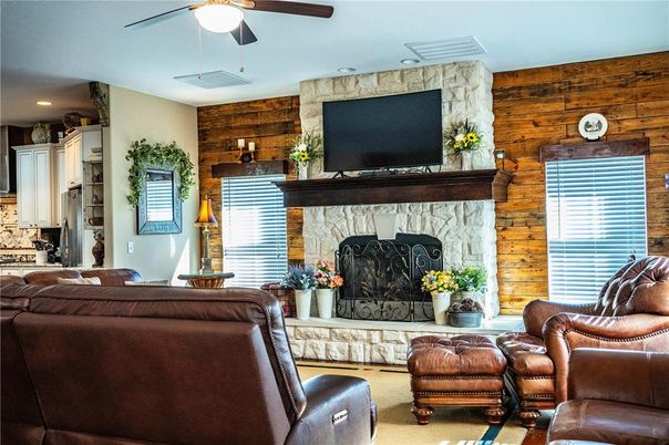 Fireplace, Interior, Living room, Recessed Lighting, Stone Walls, Wooden Walls